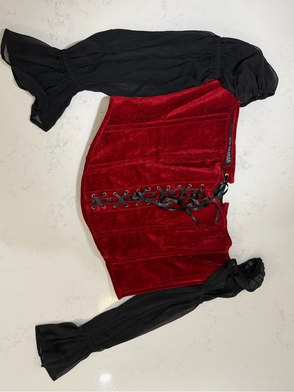 Red Velvet Lace-Up Corset with Black Lacing and black sleeves - Women’s Accessor - Picture 3 of 16